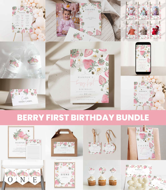 Berry First Strawberry Birthday Bundle Printables - High Peaks Studios