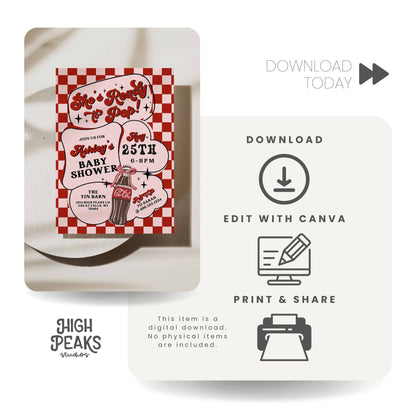 Digital baby shower invitation with a red and white checkered border, displayed on a white surface.