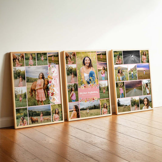 Graduation Collage of senior photos on a wooden floor with a white wall background