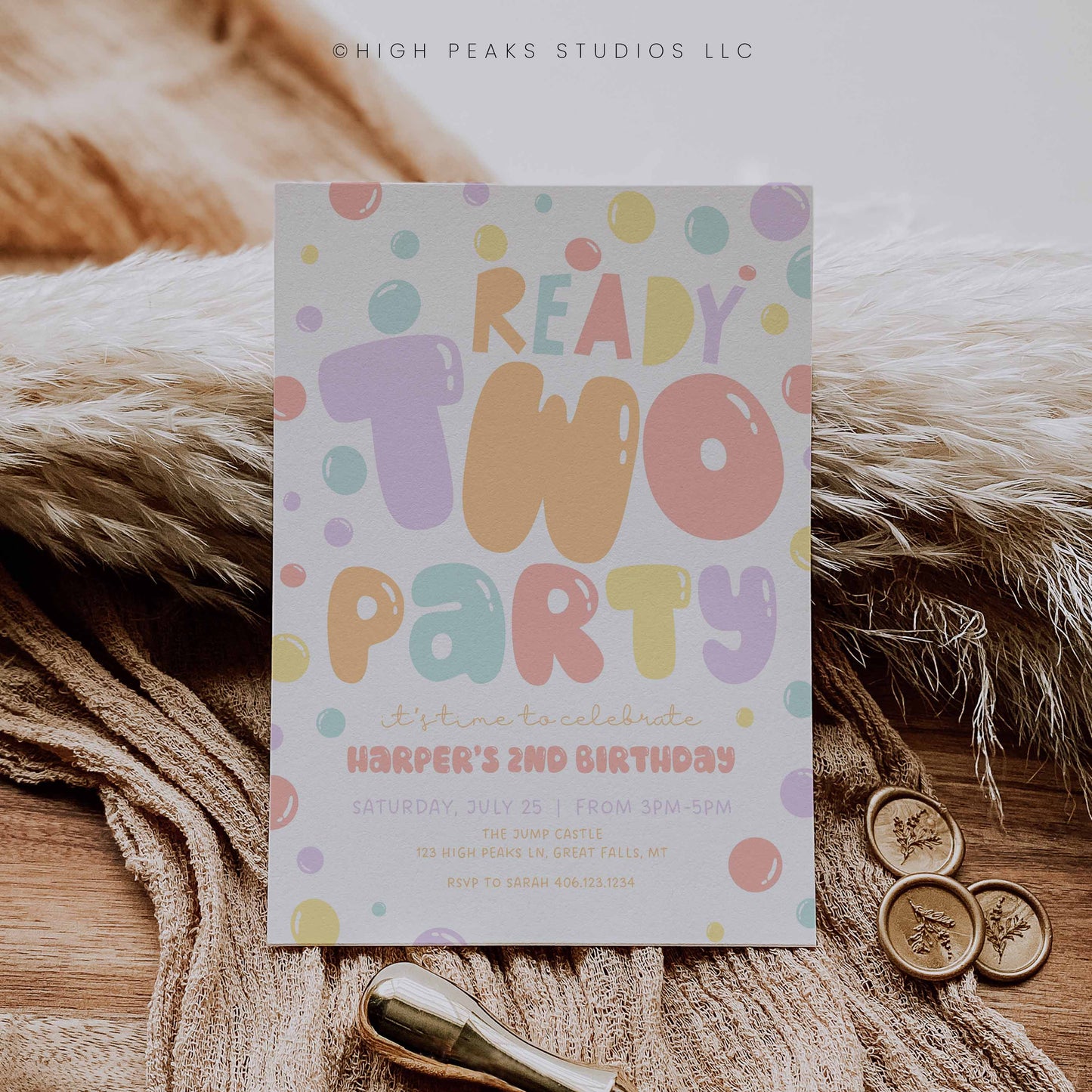 Ready TWO Party Bubble Birthday Invitation template by High Peaks Studios