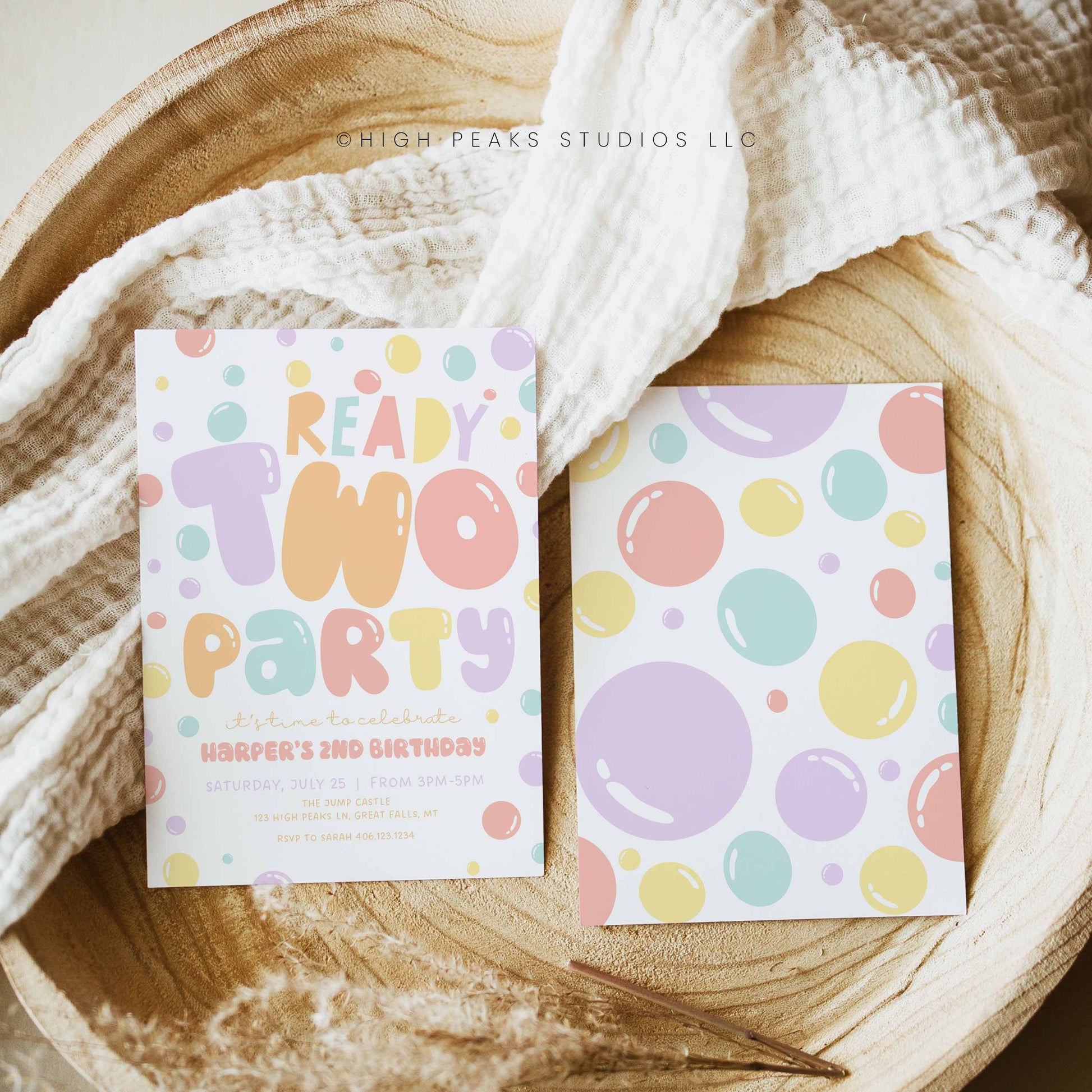Ready TWO Party Bubble Birthday Invitation template by High Peaks Studios