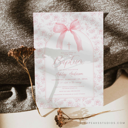Vintage Dusty Pink Bow Floral Toile Baptism Invitation Template by High Peaks Studios