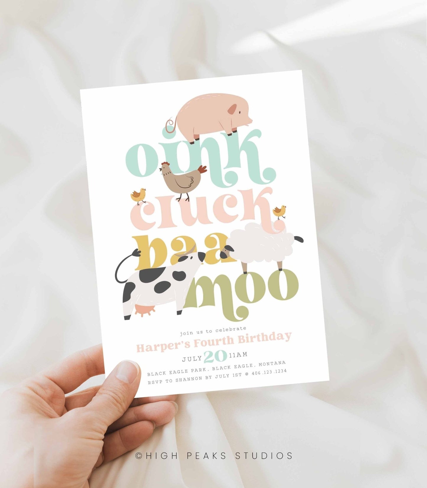 Modern Farm Animal Birthday Invitation - Girl - High Peaks Studios