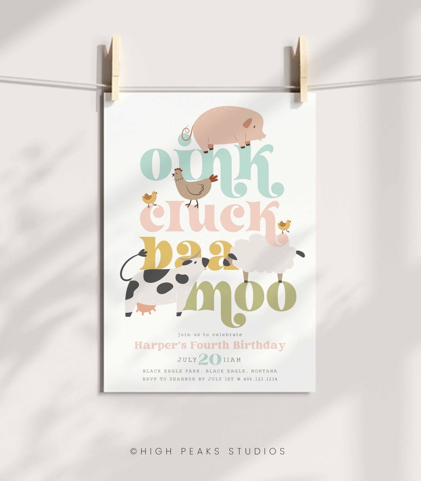Modern Farm Animal Birthday Invitation - Girl - High Peaks Studios