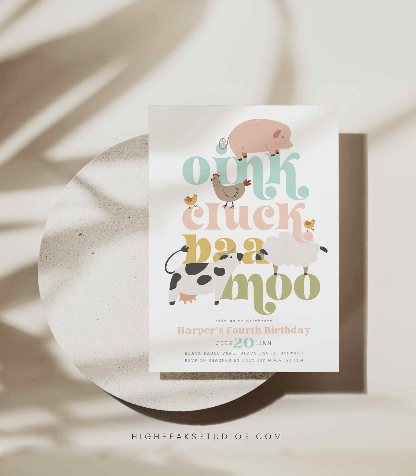 Modern Farm Animal Birthday Invitation - Girl - High Peaks Studios