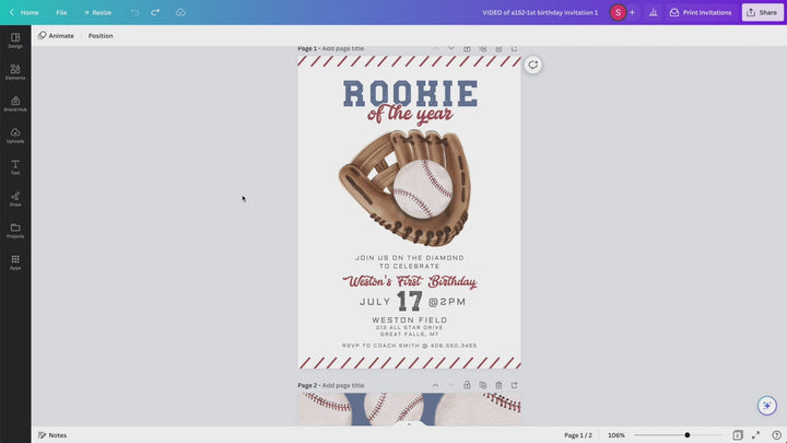 Rookie of the Year Baseball First Birthday Invitation Printable