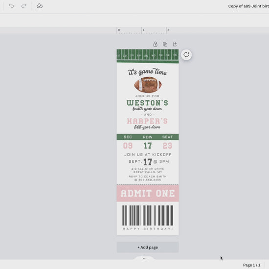 Joint Birthday Football Ticket Invitation video of everything that is editable on canva template - High peaks studios