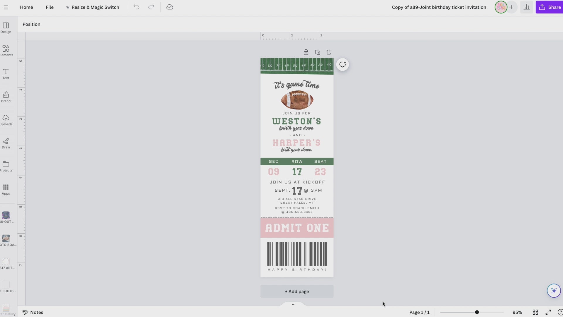 Joint Birthday Football Ticket Invitation video of everything that is editable on canva template - High peaks studios