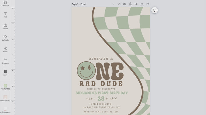 One Rad Dude Birthday Invitation Printable Display editing on canva video, High Peaks Studios