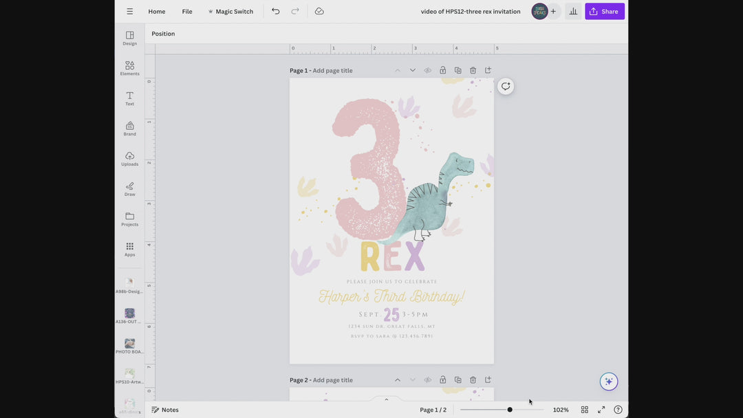 Purple Three Rex Birthday Invitation Girl Printable Editing Look - High Peaks Studios