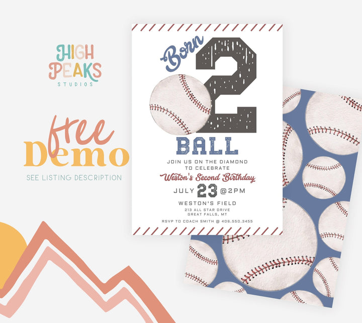 Baseball Born TWO Ball Second Birthday Invitation - High Peaks Studios