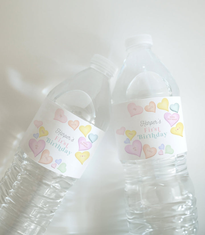 Candy Hearts Party Water Bottle Label Printables - High Peaks Studios