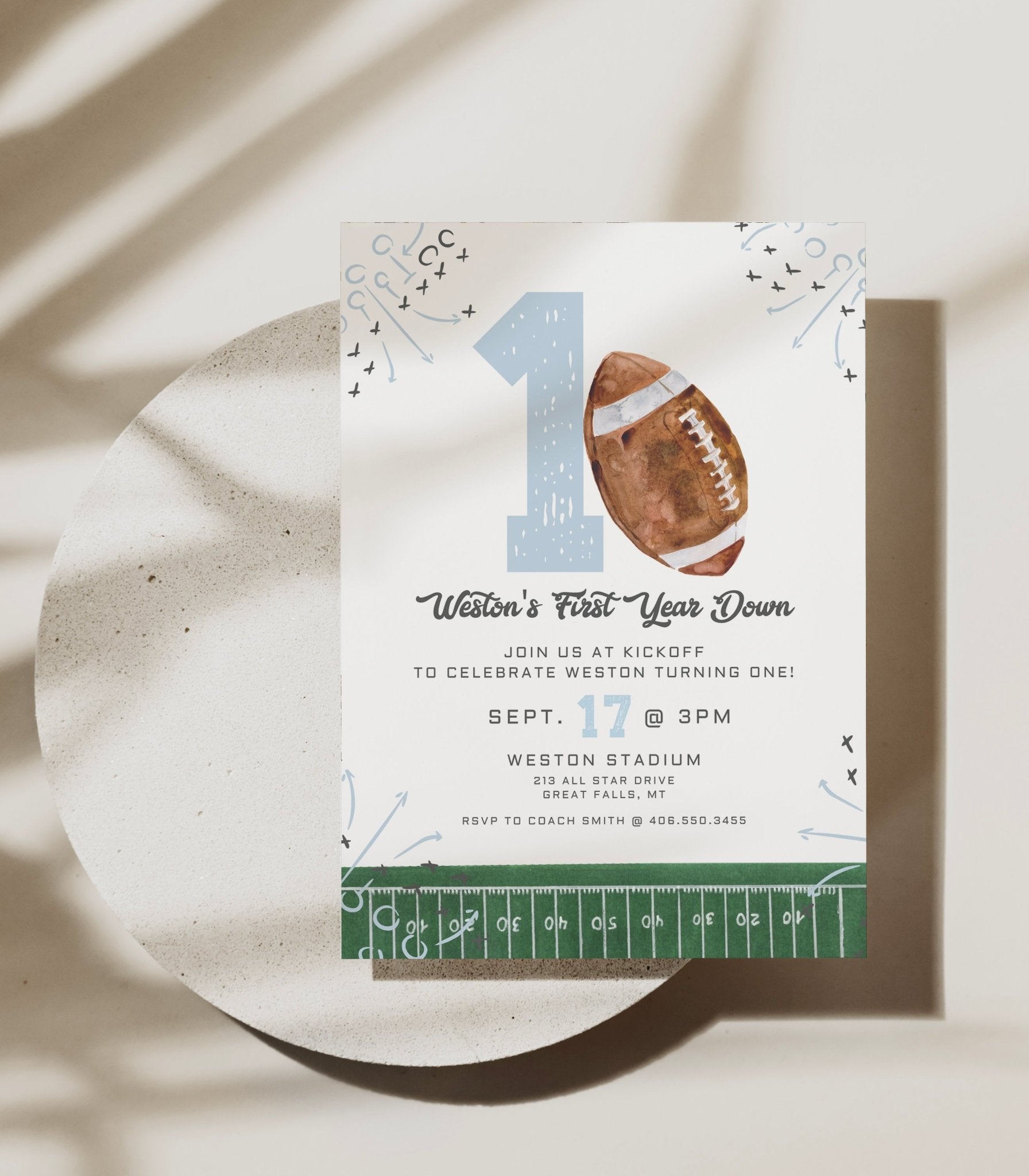 First Year Down Football Birthday Invitation - Light Blue - High Peaks Studios