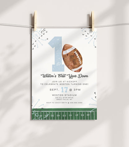 First Year Down Football Birthday Invitation - Light Blue - High Peaks Studios