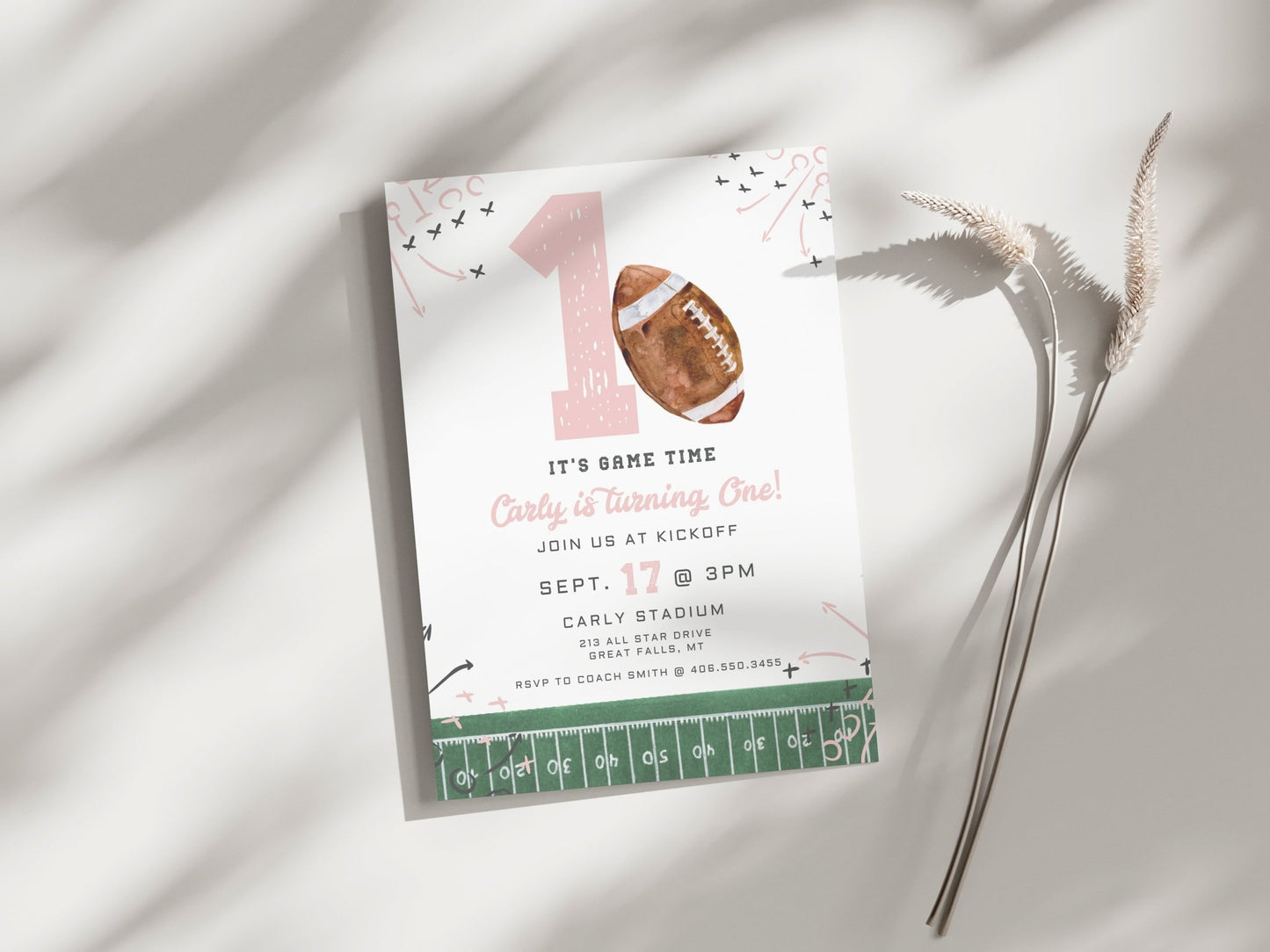 First Year Down Football Birthday Invitation Printable - Pink - High Peaks Studios