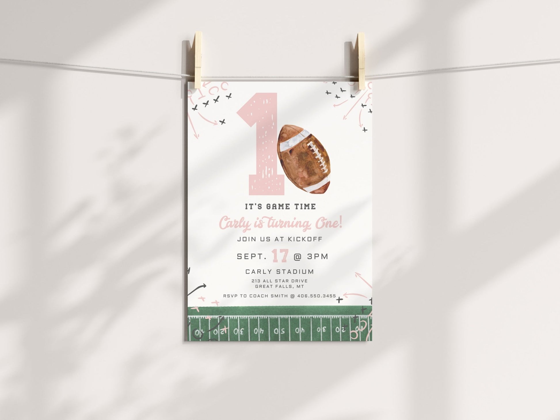 First Year Down Football Birthday Invitation Printable - Pink - High Peaks Studios