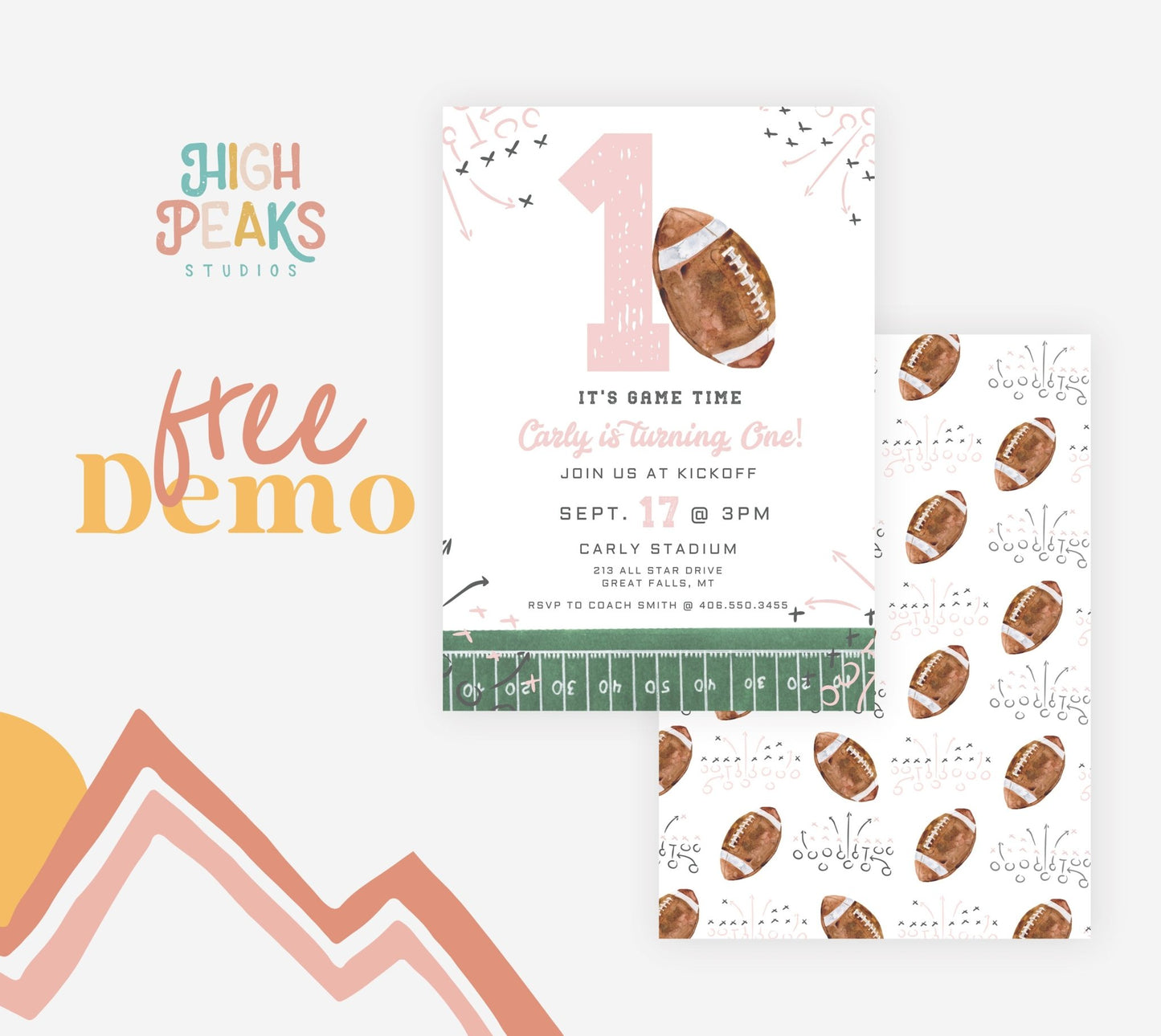 First Year Down Football Birthday Invitation Printable - Pink - High Peaks Studios