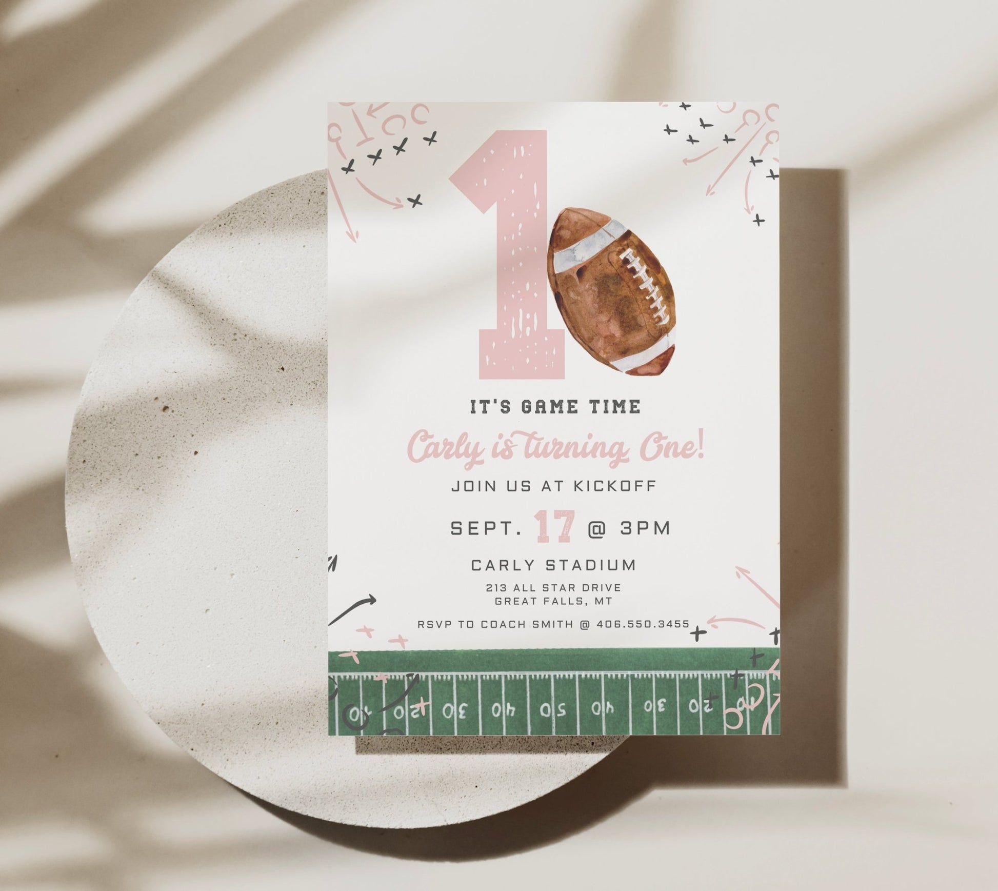 First Year Down Football Birthday Invitation Printable - Pink - High Peaks Studios