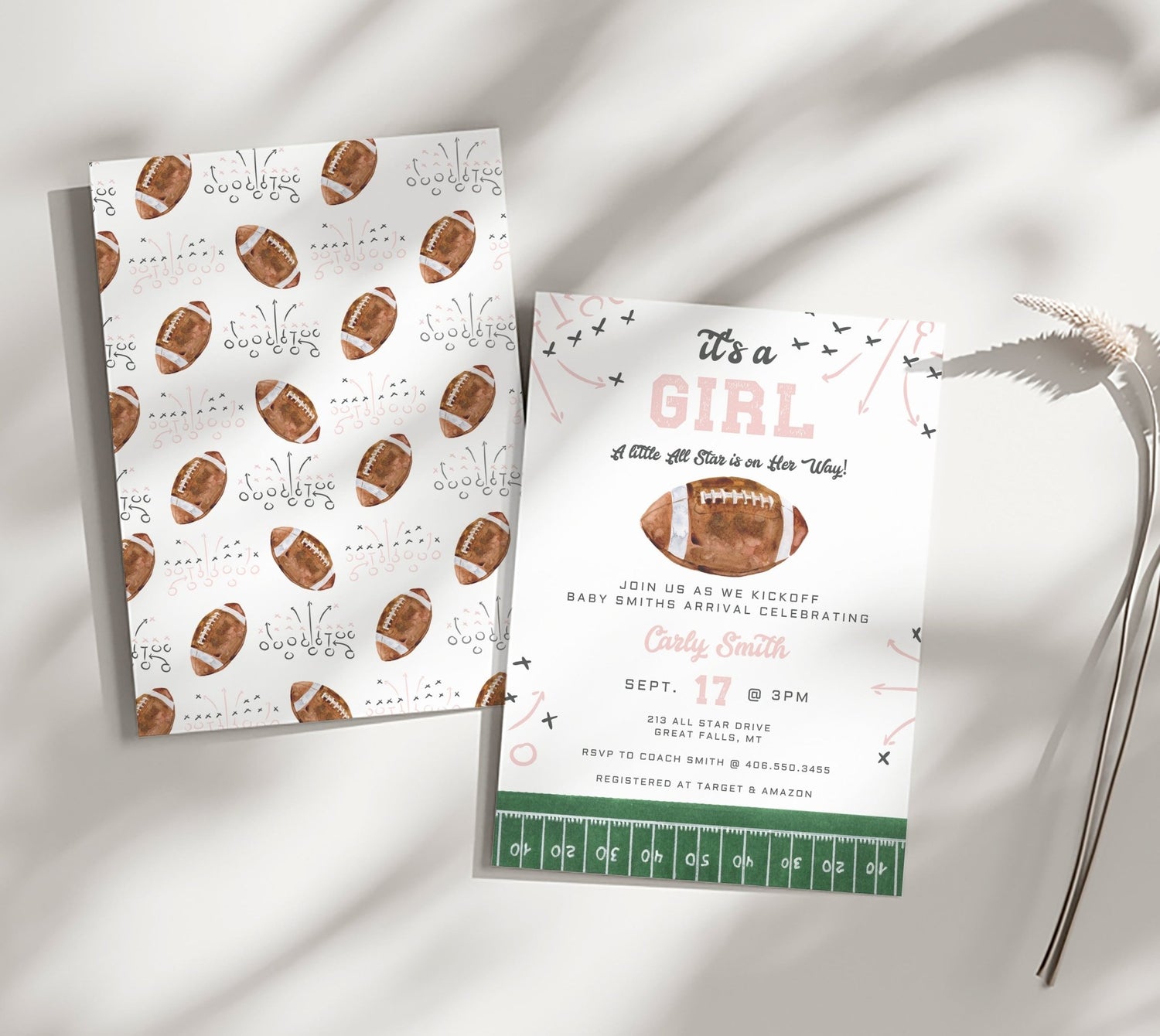 Football Baby Shower Invitation Printable - Girl - Pink - High Peaks Studios