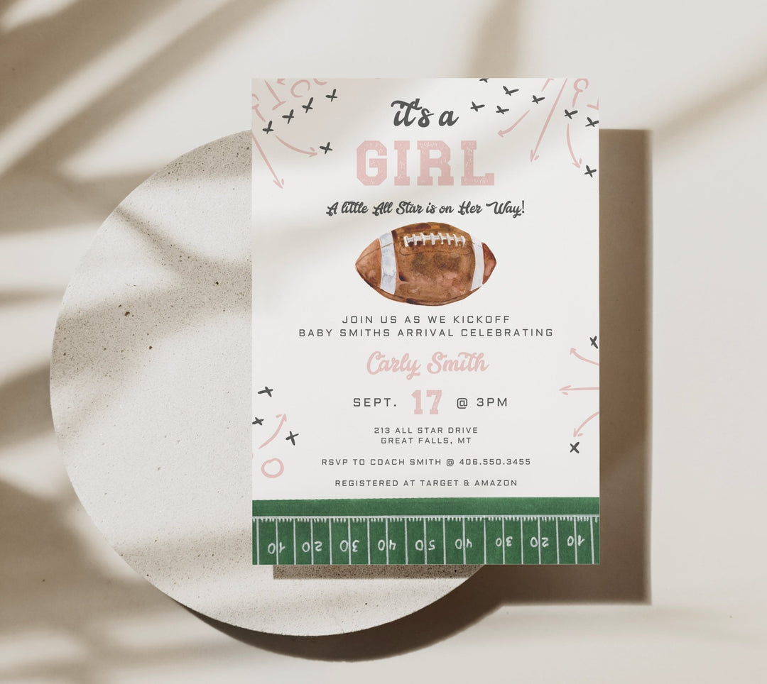 Football Baby Shower Invitation Printable - Girl - Pink - High Peaks Studios