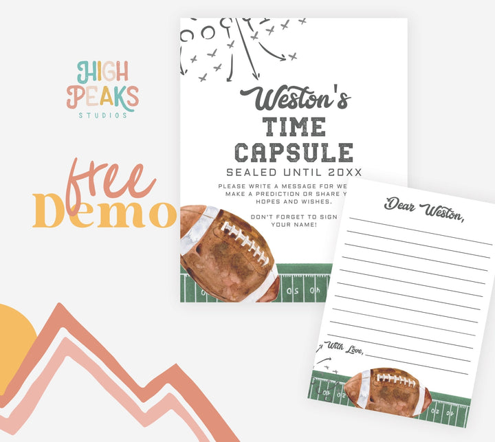 Football Birthday Time Capsule Sign and Note Card Printables - High Peaks Studios