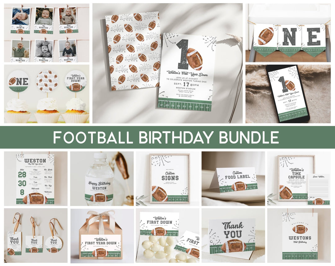 Football First Year Down Birthday Invitation Bundle Printables - High Peaks Studios