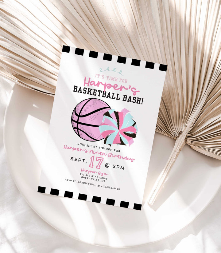 Girl Basketball and Cheer Birthday Invitation - High Peaks Studios