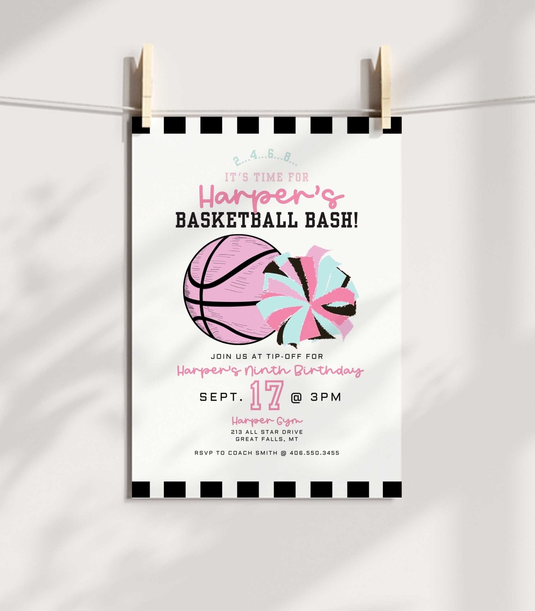 Girl Basketball and Cheer Birthday Invitation - High Peaks Studios