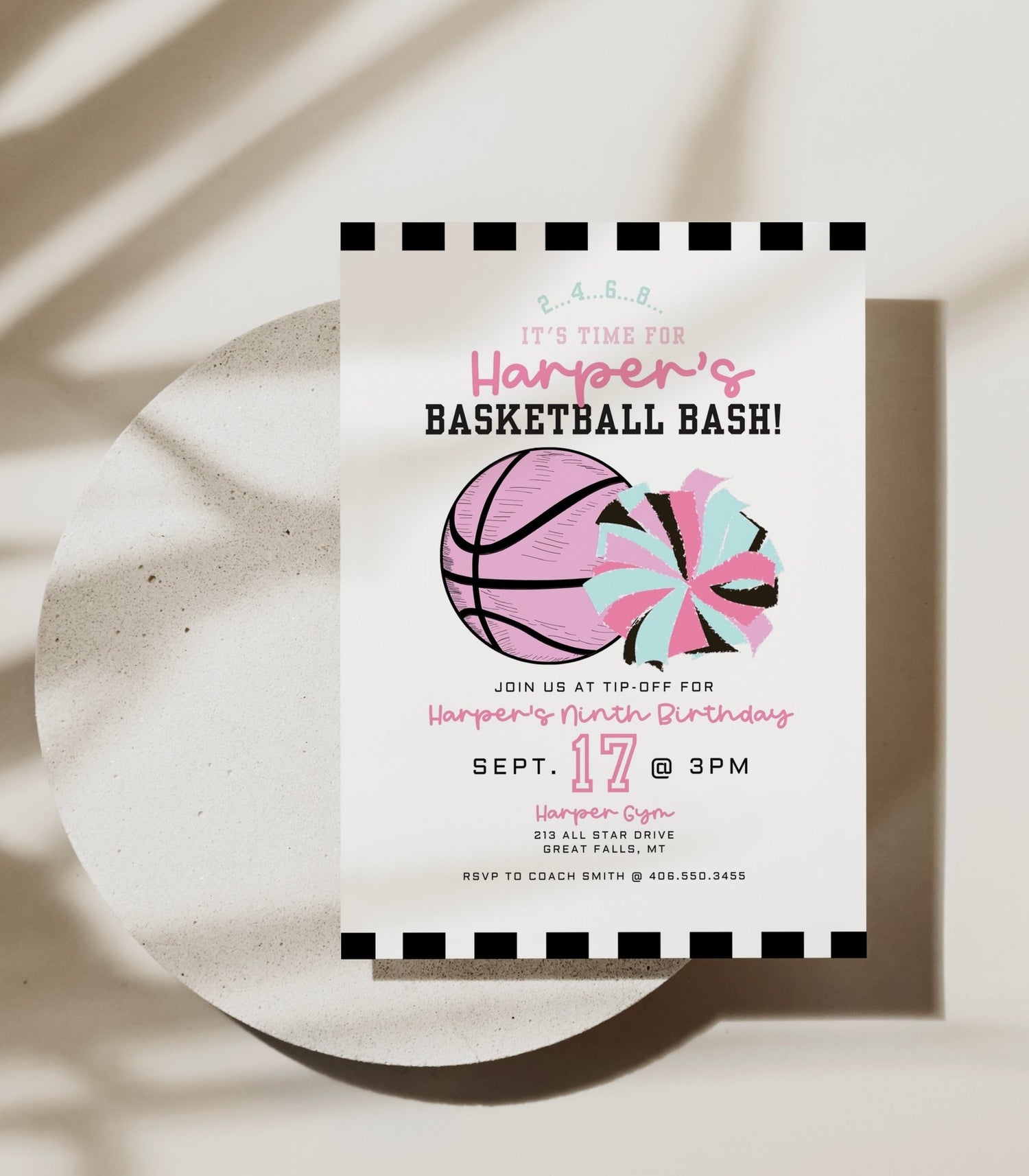 Girl Basketball and Cheer Birthday Invitation - High Peaks Studios