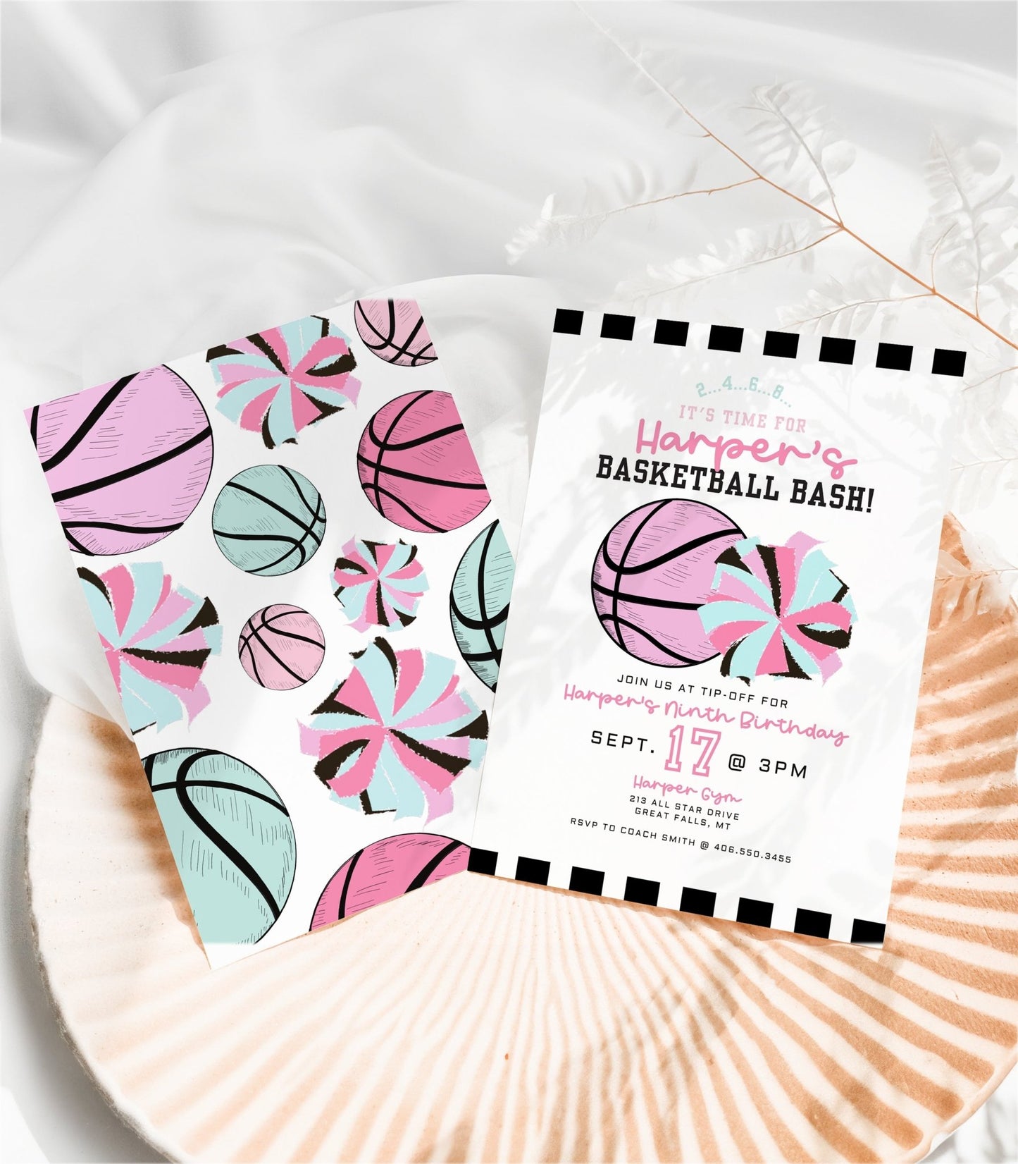 Girl Basketball and Cheer Birthday Invitation - High Peaks Studios