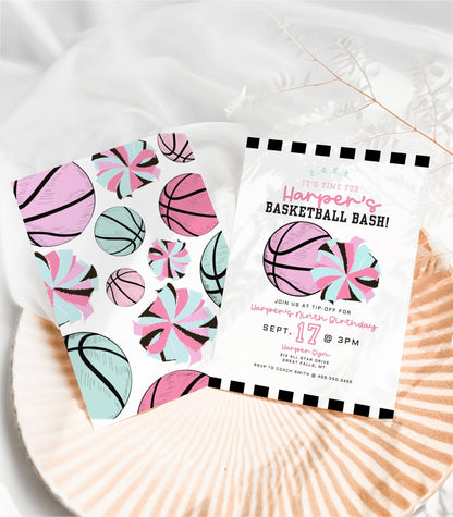 Girl Basketball and Cheer Birthday Invitation - High Peaks Studios