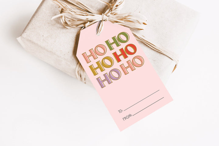 HO HO HO Colorful Christmas Gift Tag Printable - High Peaks Studios
