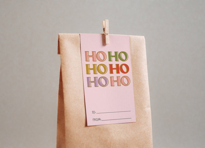 HO HO HO Colorful Christmas Gift Tag Printable - High Peaks Studios