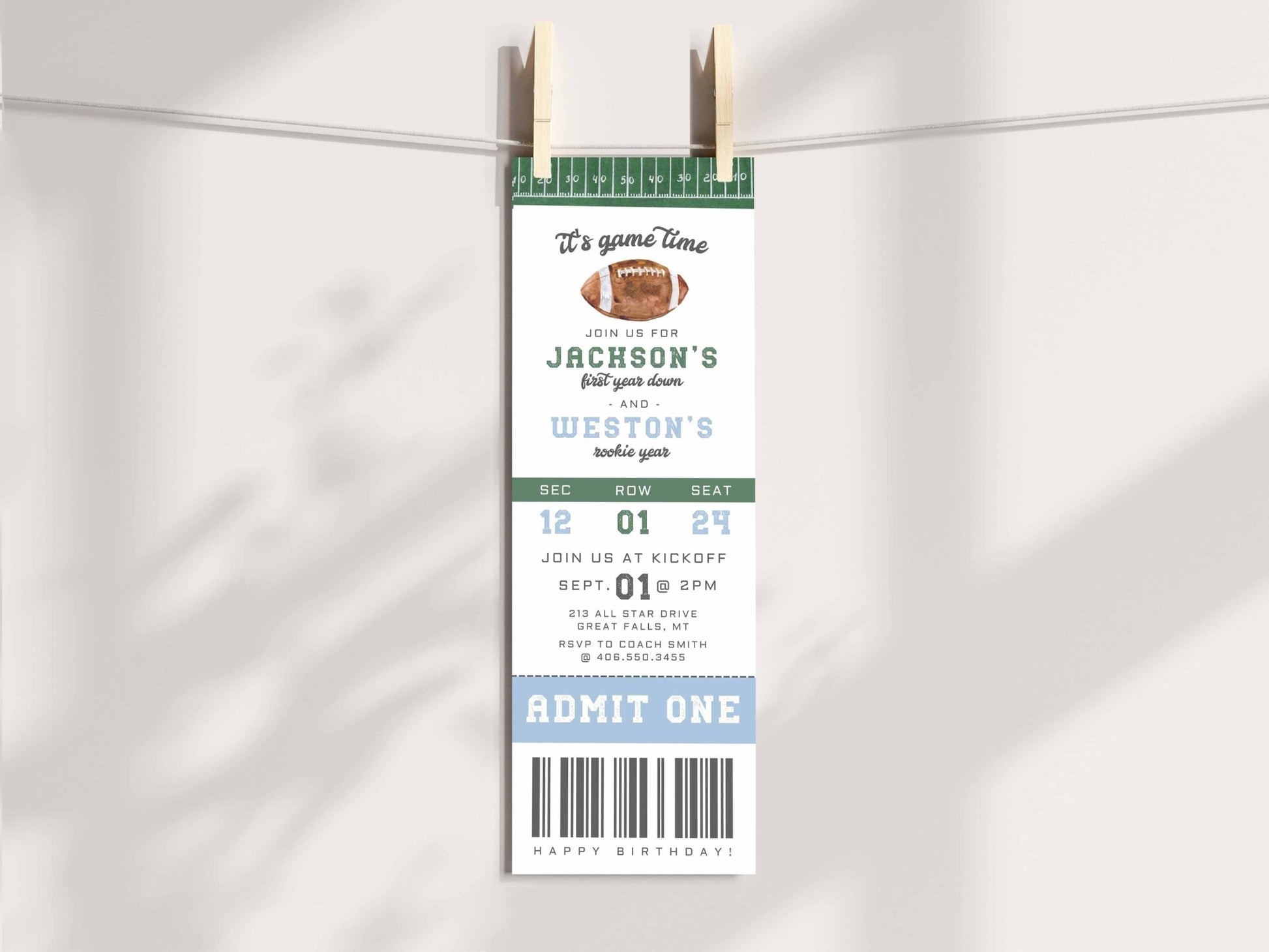 Joint Birthday Football Ticket Invitation - High Peaks Studios