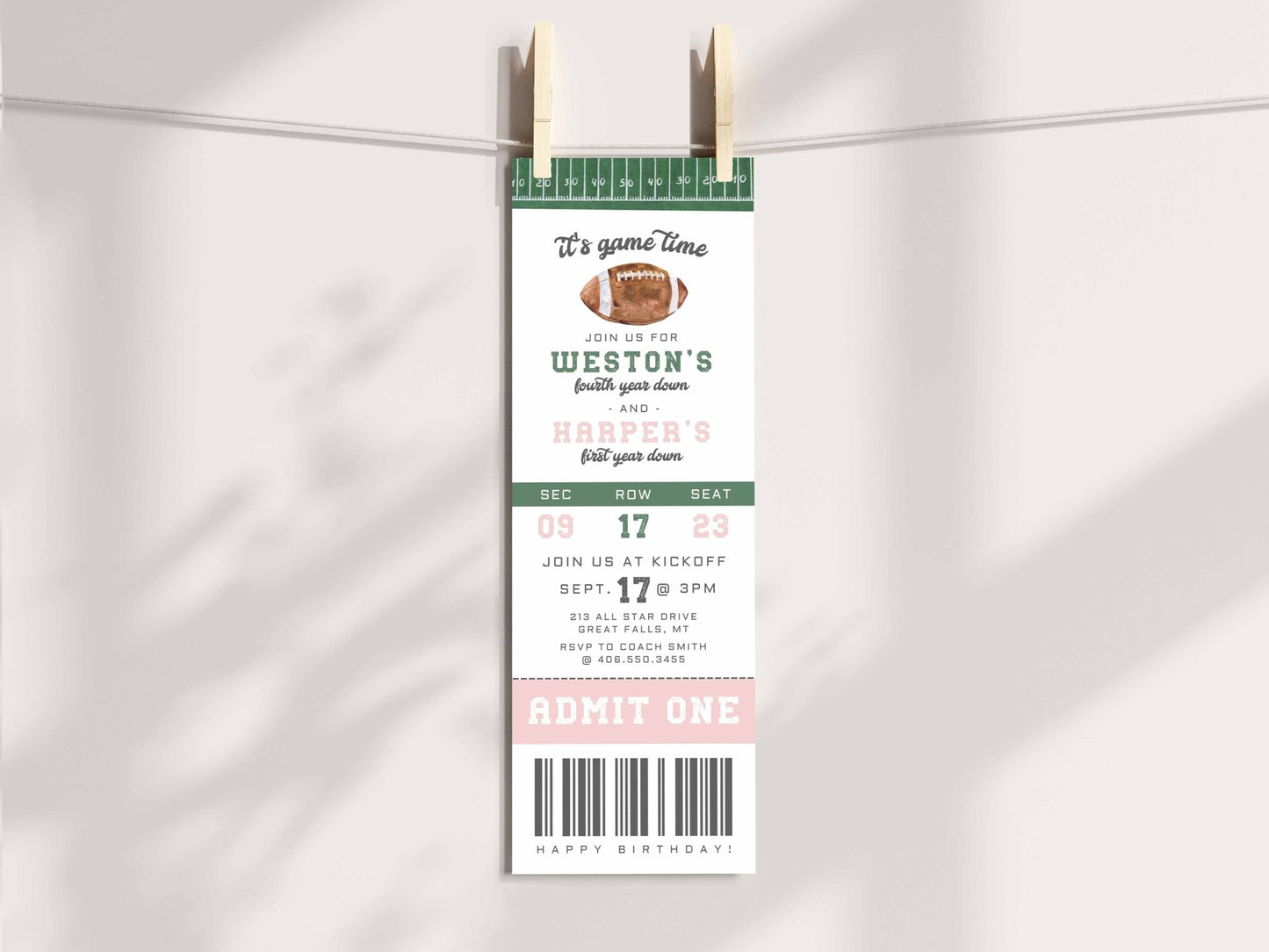 Joint Birthday Football Ticket Invitation - High Peaks Studios