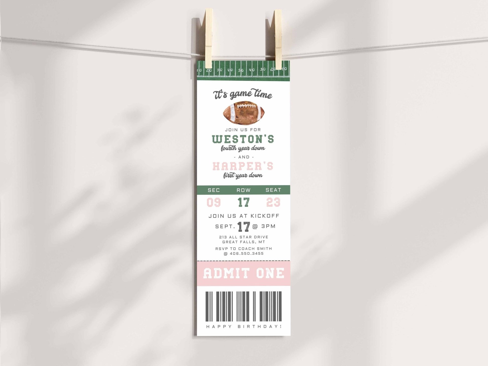 Joint Birthday Football Ticket Invitation - High Peaks Studios