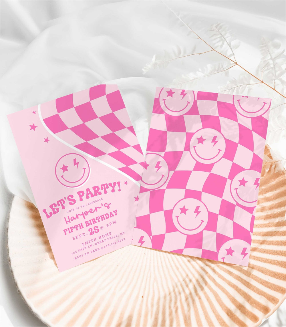Let's Party Pink Smiley Birthday Invitation - Any Age - High Peaks Studios