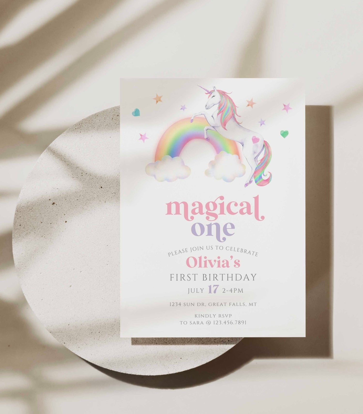 Magical One Unicorn Birthday Invitation Template - High Peaks Studios