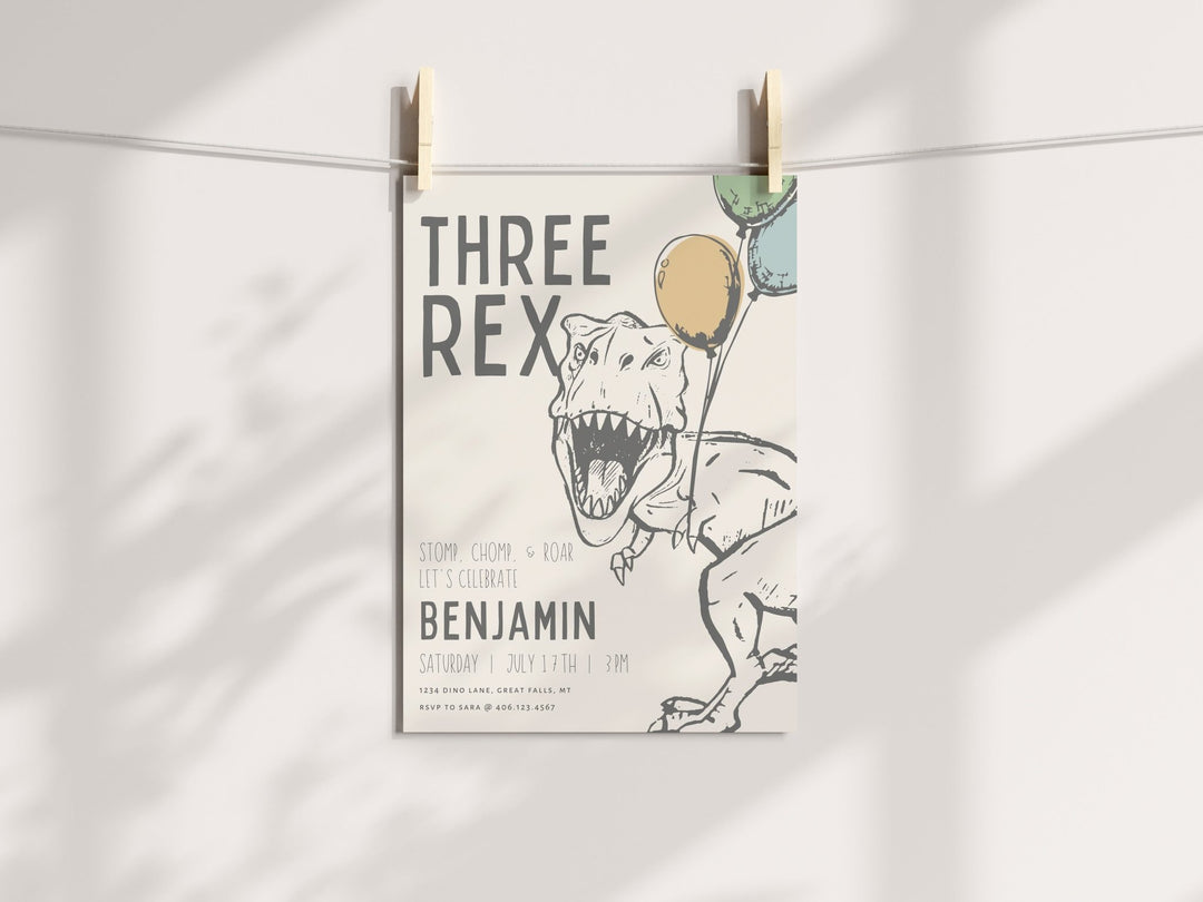 Modern Three Rex Dinosaur Birthday Party Invitation - High Peaks Studios