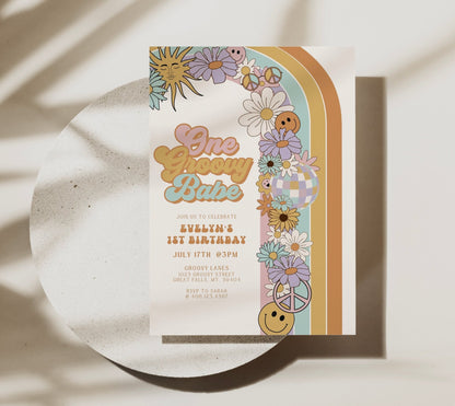 One Groovy Babe Retro Birthday Invitation - High Peaks Studios