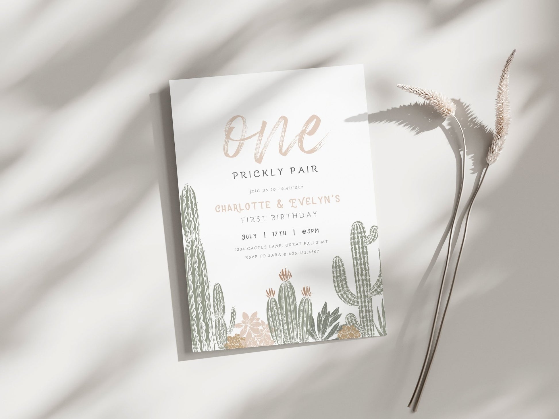 One Prickly Pair Twins Birthday Invitation Printable - High Peaks Studios