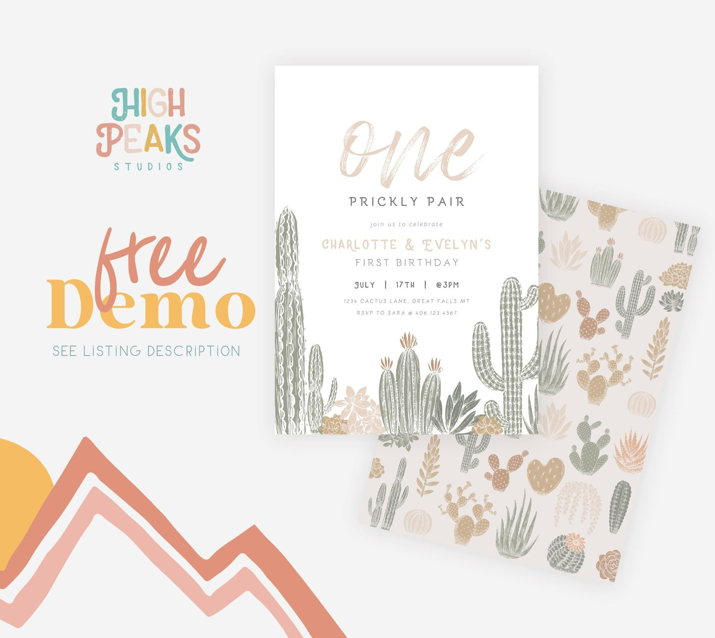 One Prickly Pair Twins Birthday Invitation Printable - High Peaks Studios