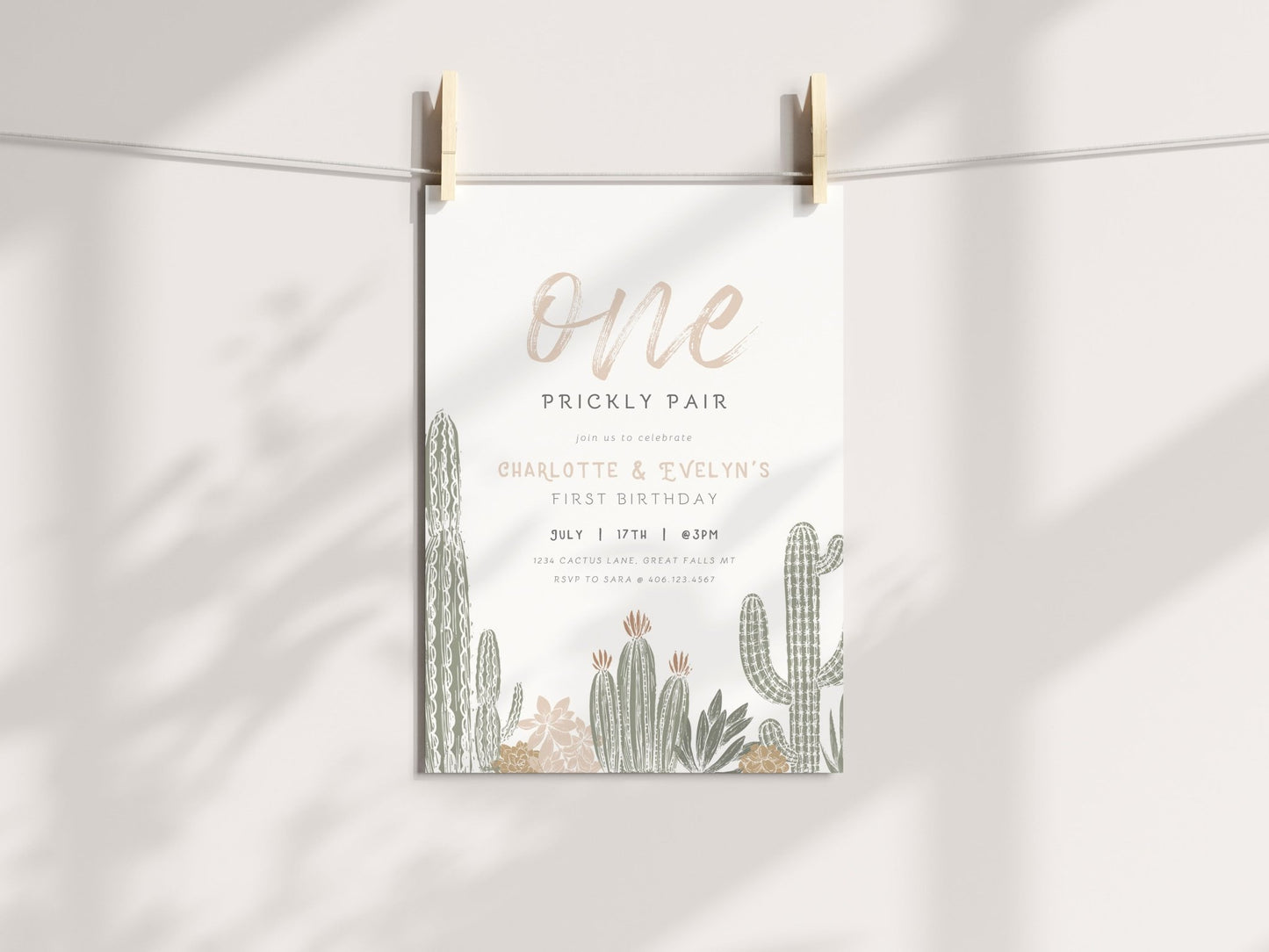 One Prickly Pair Twins Birthday Invitation Printable - High Peaks Studios