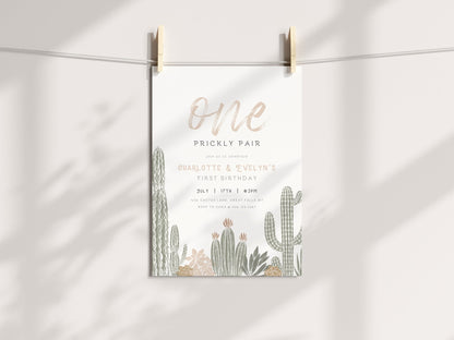 One Prickly Pair Twins Birthday Invitation Printable - High Peaks Studios