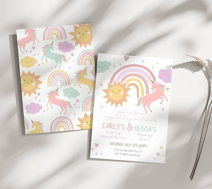 Pastel Unicorn and Sunshine Joint Birthday Invitation Printable Template - High Peaks Studios