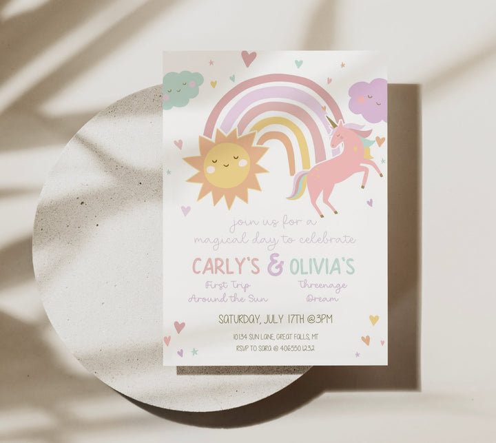 Pastel Unicorn and Sunshine Joint Birthday Invitation Printable Template - High Peaks Studios