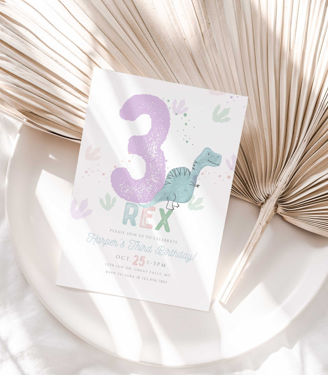 Purple Three Rex Birthday Invitation Girl Printable - High Peaks Studios