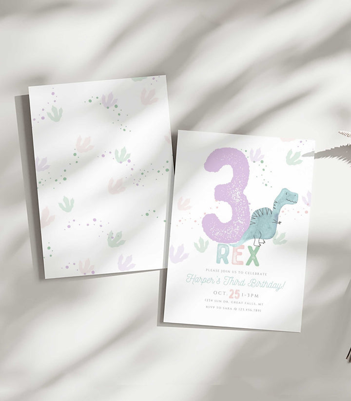 Purple Three Rex Birthday Invitation Girl Printable - High Peaks Studios