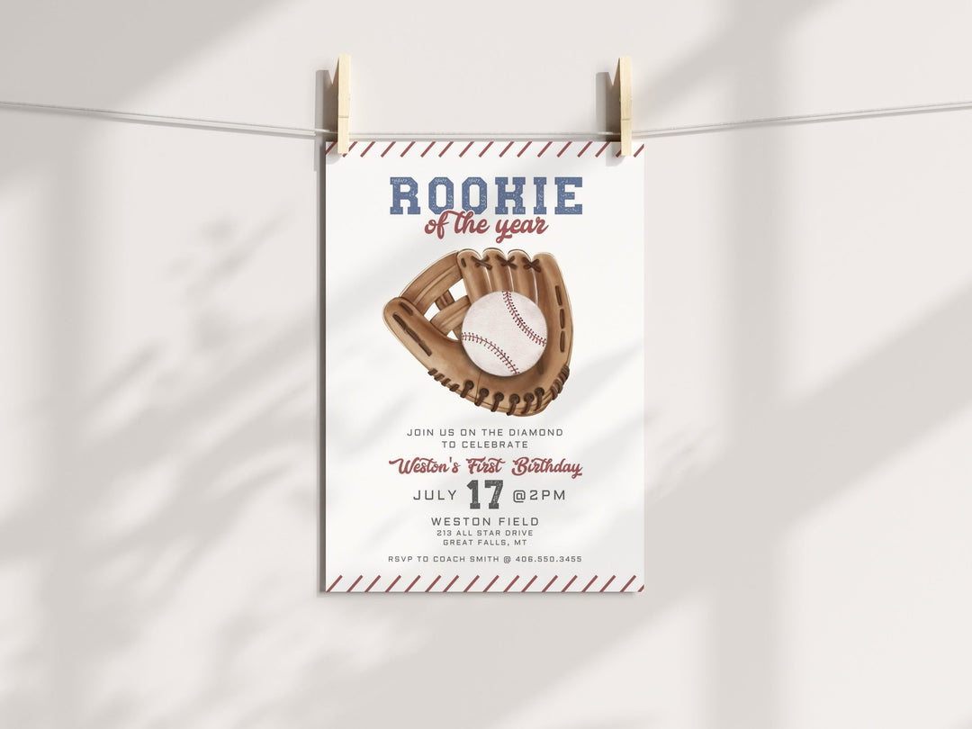 Rookie of the Year Baseball First Birthday Invitation Printable - High Peaks Studios