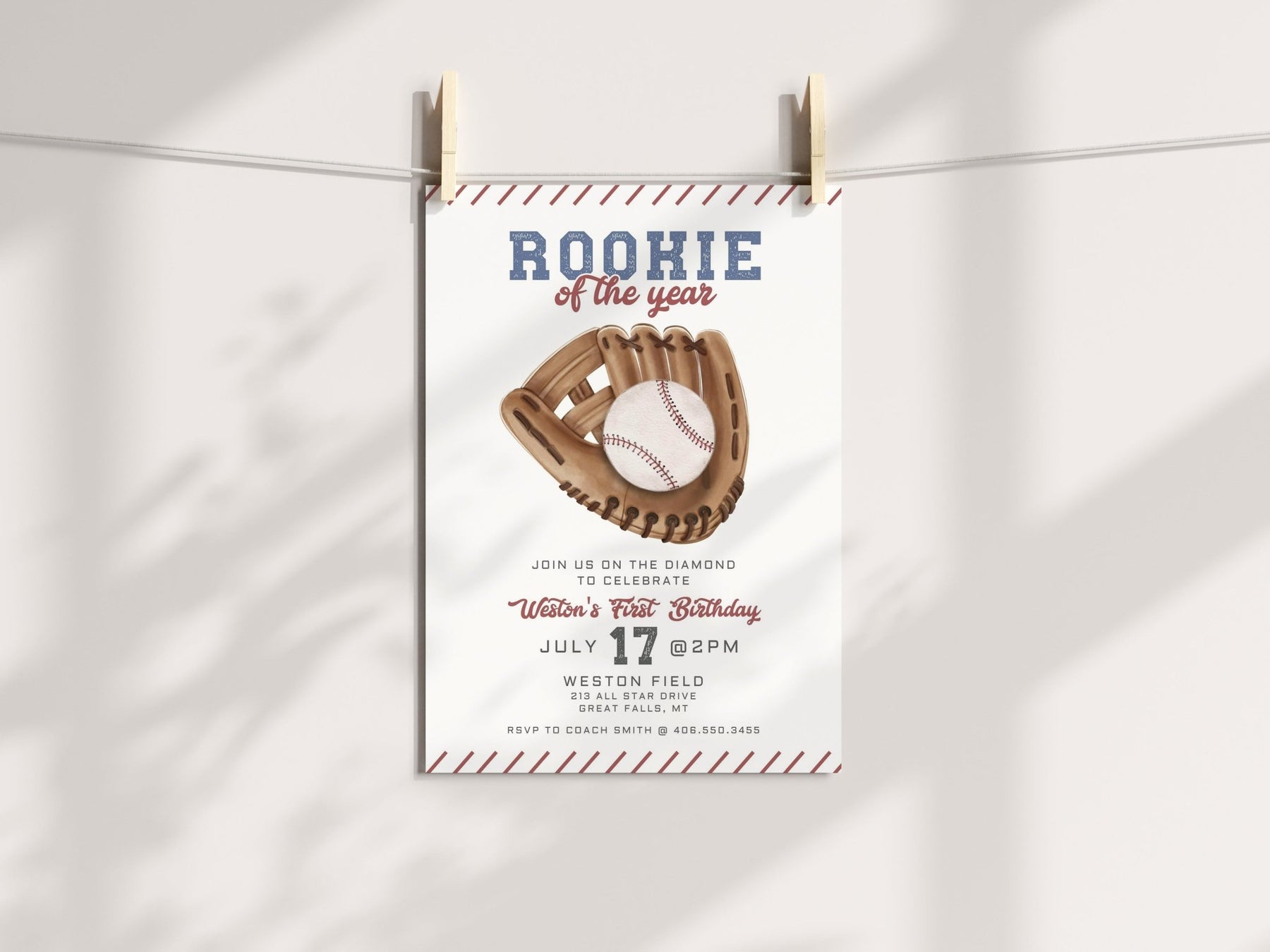 Baseball First Birthday Invitation  Rookie of the Year Invite – Wild Bloom  Design Studio